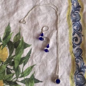 Necklace- delicate chain with blue stone set in 925 silver & pair of earrings